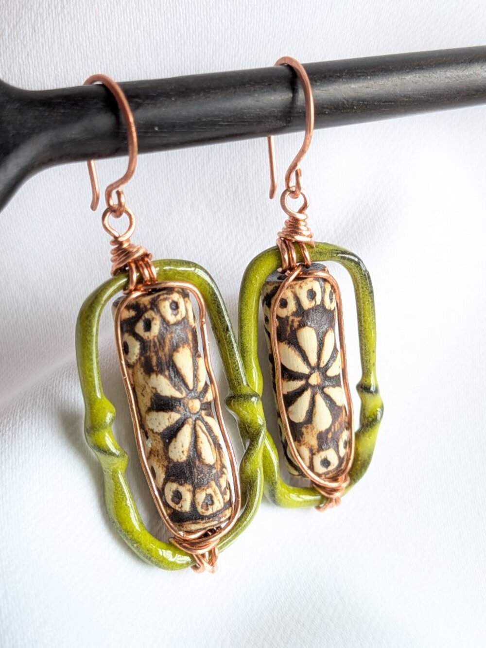 Earthy Woodland Floral Earrings with Enameled Copper Hoops - Picture 3 of 10